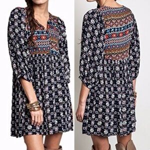 Umgee Navy Floral Boho Tunic Dress with Multicolor Embroidered Yoke